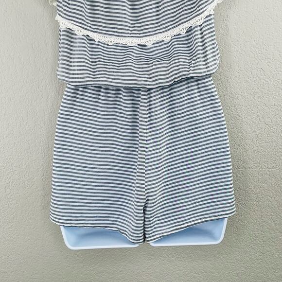 BECCA Navy White Stripe Crochet Trim Off Shoulder Shorts Romper Swim Cover Small - Picture 11 of 13